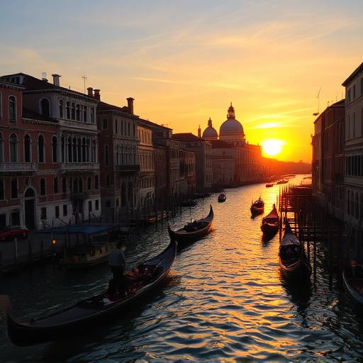 Canali di Venezia con gondole che scivolano sull'acqua al tramonto