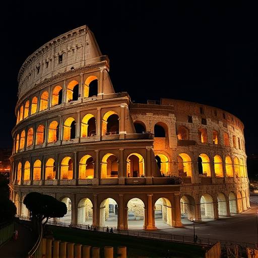 Il Colosseo di Roma illuminato di notte, simbolo dell'antica Roma