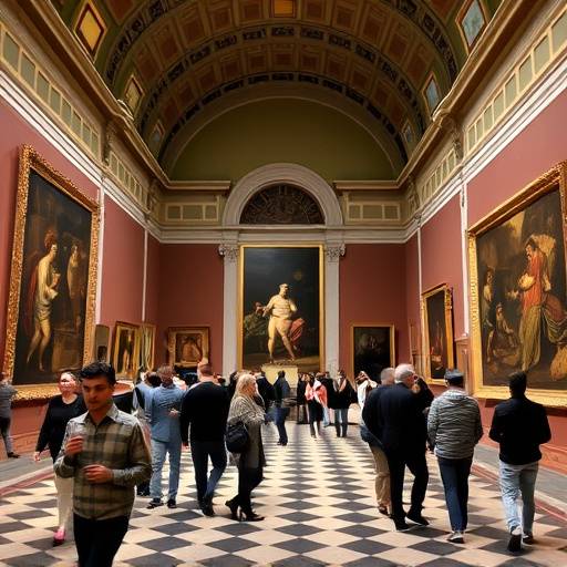 Interno della Galleria degli Uffizi a Firenze, con visitatori che ammirano un dipinto rinascimentale