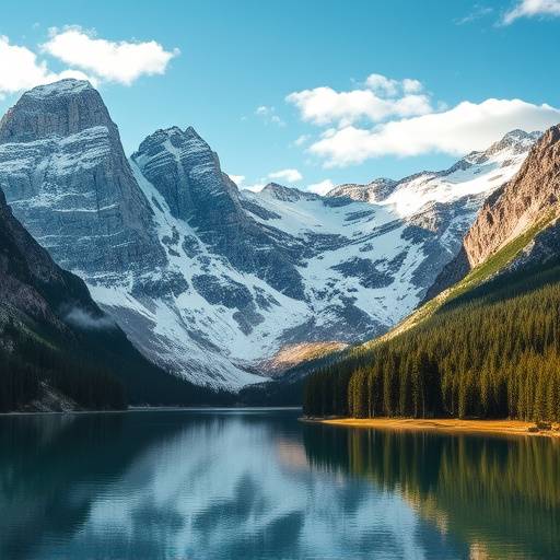 Paesaggio delle Dolomiti in Trentino-Alto Adige, con montagne innevate e un lago alpino.