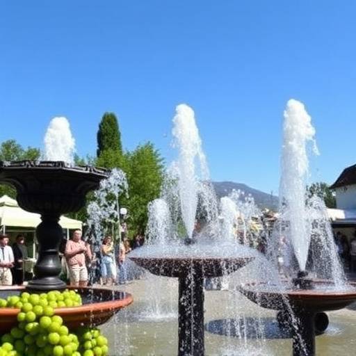 Persone che celebrano la Sagra dell'Uva a Marino con fontane che erogano vino