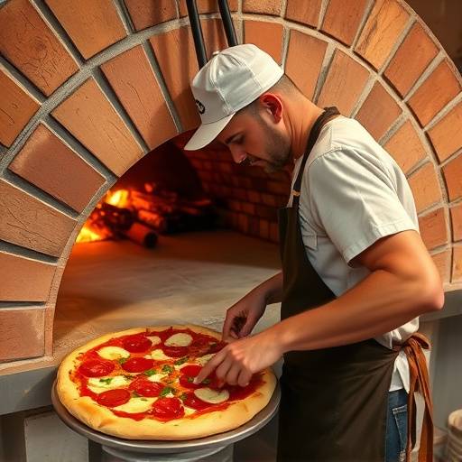 Un cuoco che prepara una pizza napoletana in un forno a legna