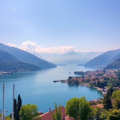 Vista panoramica del Lago di Como in Lombardia, con le montagne sullo sfondo.